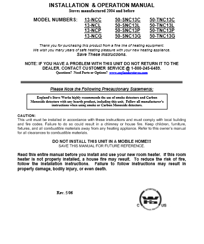 Englander 13-NCC 50-SNC13C 50-TNC13C 2004 User Manual - Wood