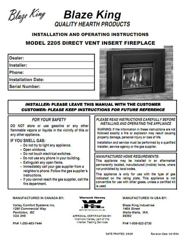 Blaze King Model 2205 User Manual - Gas_BK2205GasFireplaceInsert