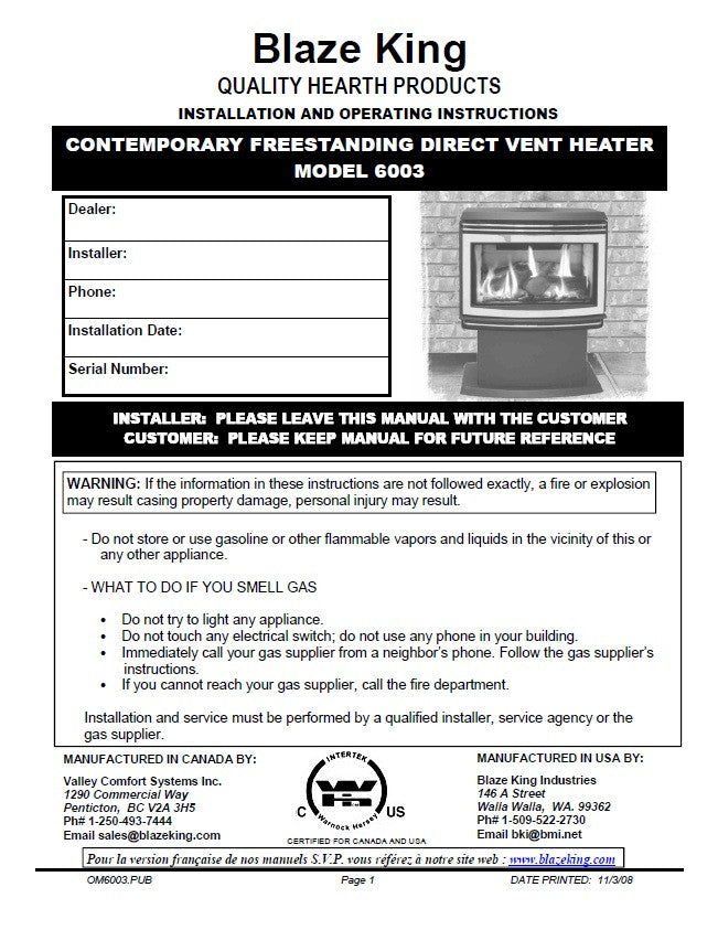 Blaze King 6003 User Manual - Gas_BK6003 – WoodHeatStoves.com