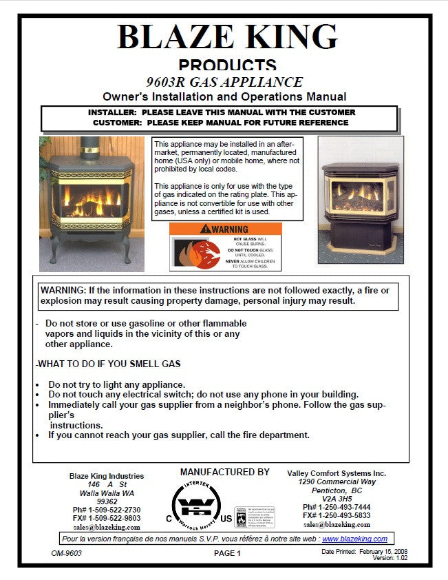 Blaze King 9603R User Manual - Gas_BK9603R – WoodHeatStoves.com