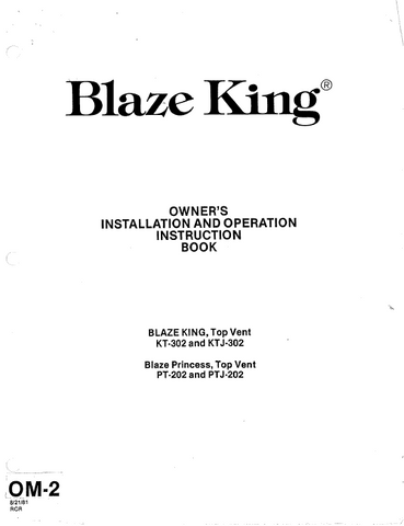 Blaze King KT302/KTJ302 - PT202/PTJ202 User's Manual - Wood_BK KT302 KTJ302 PT202 PTJ202