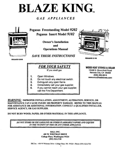 Blaze King Pegasus 9201 & 9202 User's Manual - Gas_BKPegasus 9201 9202