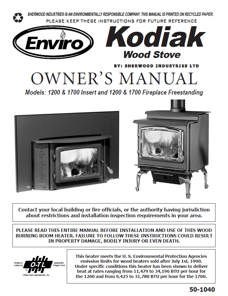 Enviro 1200/1700 User Manual - Wood – WoodHeatStoves.com