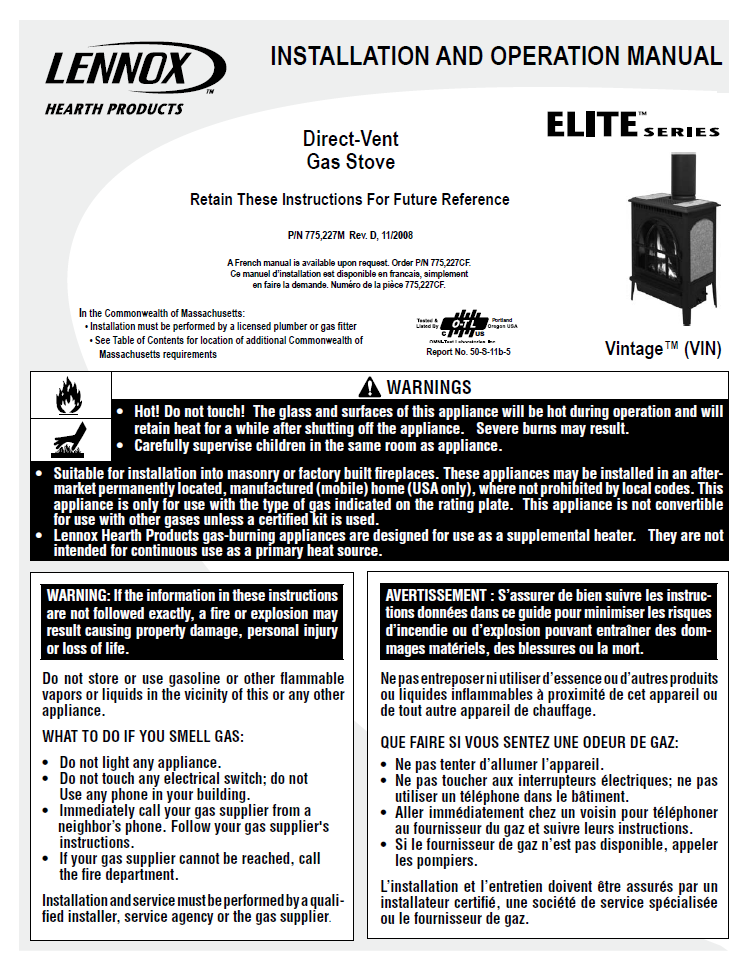 Lennox Vintage User Manual - Gas_LXVintageGS – WoodHeatStoves.com