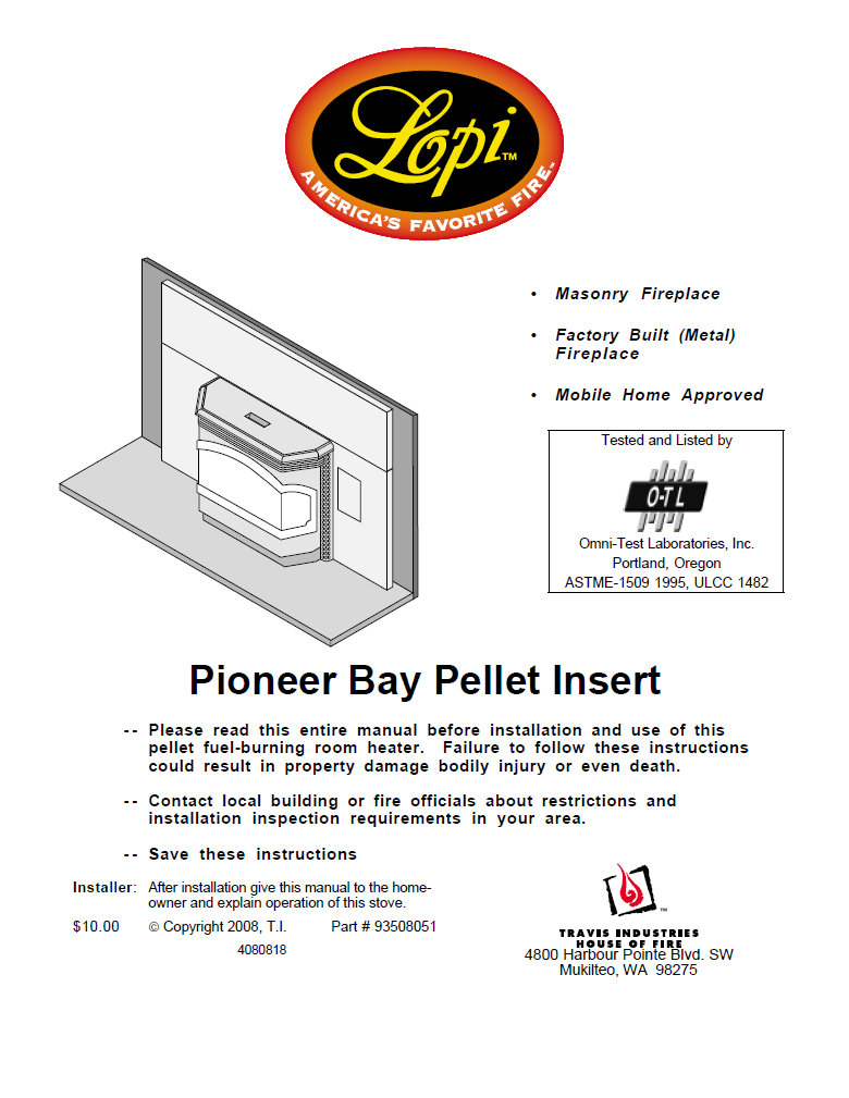 Lopi Pioneer Bay Insert User Manual - Pellet_LPBPI – WoodHeatStoves.com