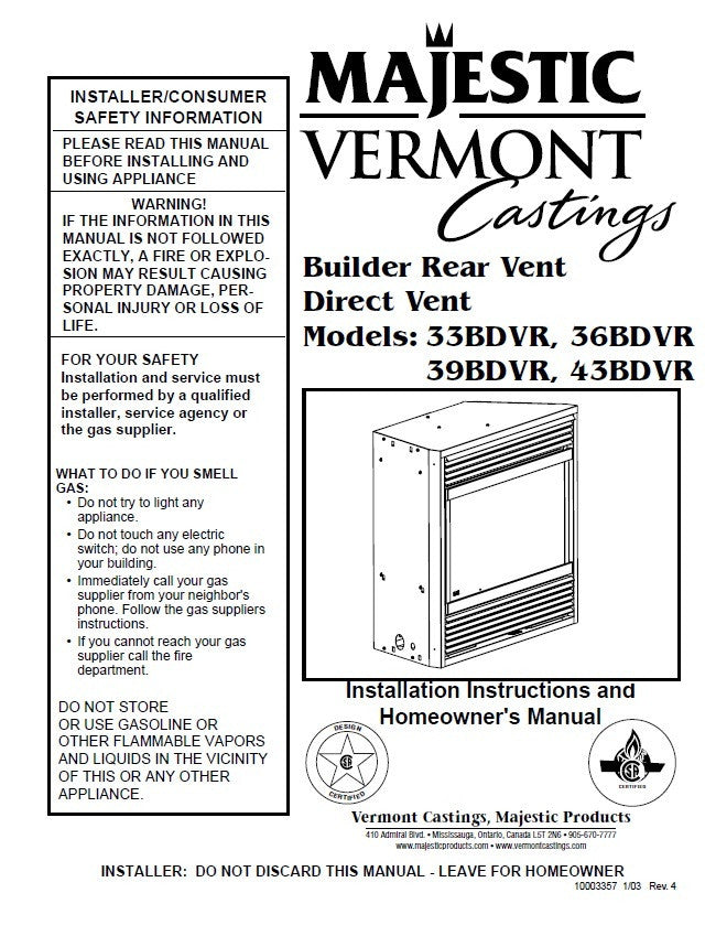 Vermont Castings Majestic DV User Manual - Gas_33BDVR, 36BDVR