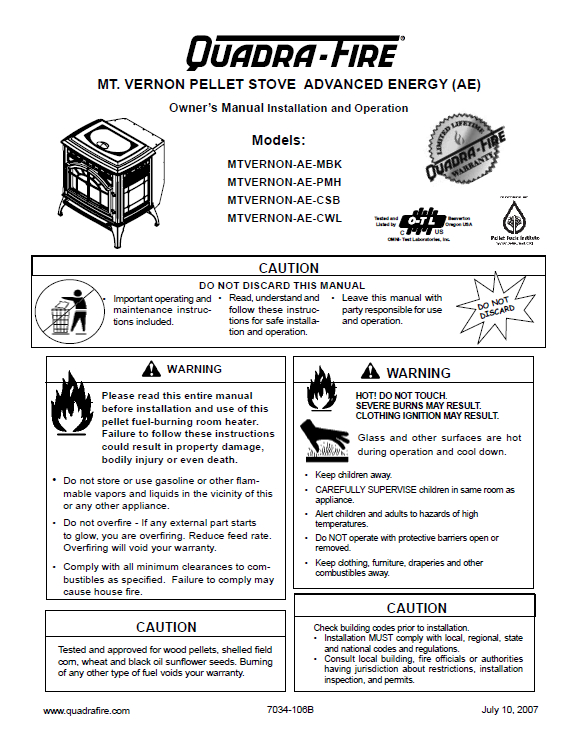 Quadra-Fire Mt Vernon AE FS User's Manual - Pellet_QFMt Vernon AE FS –  WoodHeatStoves.com