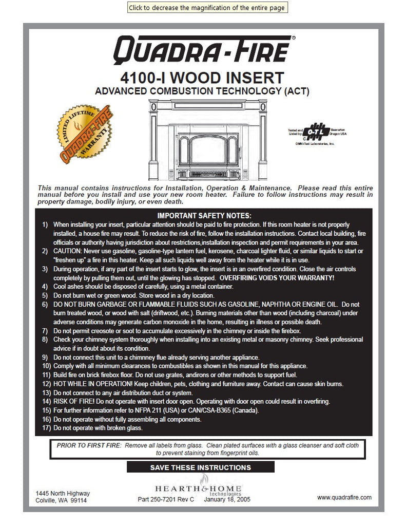 Quadra-Fire 4100-I ACT Insert User Manual - Wood_QF41000I –  WoodHeatStoves.com