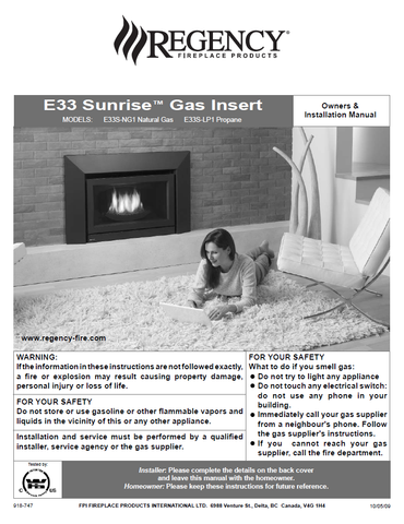 Regency E33 Sunrise Insert User Manual - Gas_RE33S