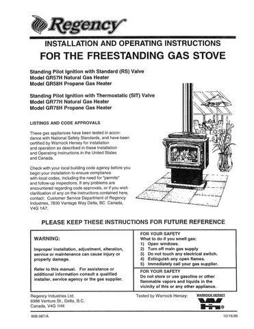 Regency GR57/58H & GR77/78H FS User Manual