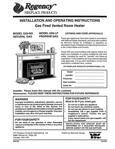 Regency U20 Insert User Manual - Gas_RGU20I