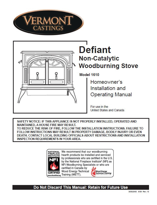Vermont Castings Defiant 1610 User Manual Wood_VCdefiant1610