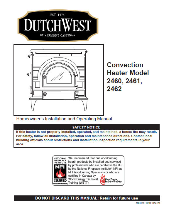 Vermont Castings Dutch West 2460,2461,2462 User's Manual - Wood_Dutchw –  WoodHeatStoves.com