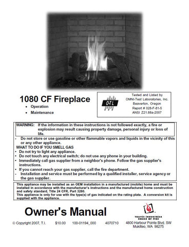 Travis 1080 CF Insert User Manual - Gas_1080CF