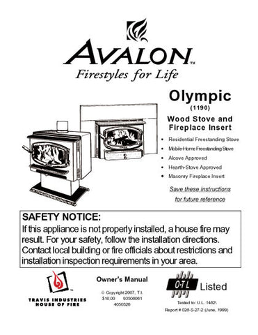 Avalon Olympic 1190 User Manual - Wood_AVolympic1190 – WoodHeatStoves.com