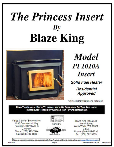 Blaze King Princess User Manual - Wood_BKPrincessInsertMan