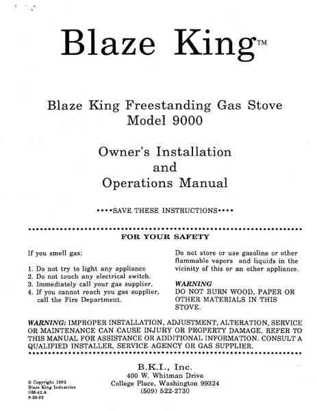 Blaze King 9000 FS User's Manual - Gas_BK9000 – WoodHeatStoves.com