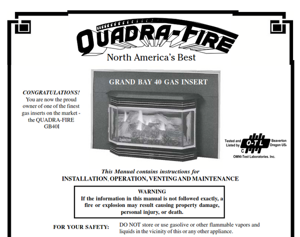 Quadrafire Grand Bay 40 insert User Manual - Gas-GB40i – WoodHeatStoves.com