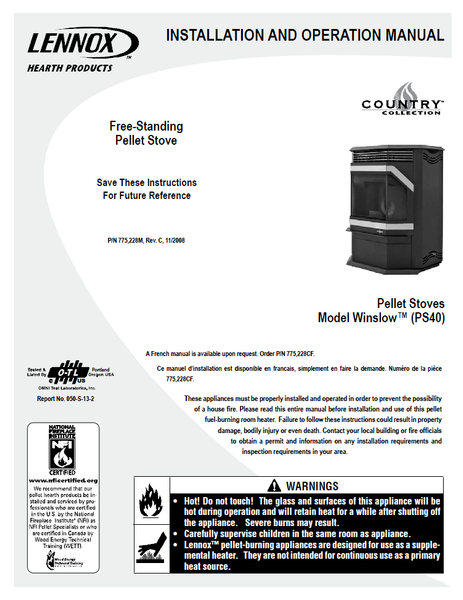 Country Winslow PS40 User Manual - Pellet_CWPS40 – WoodHeatStoves.com
