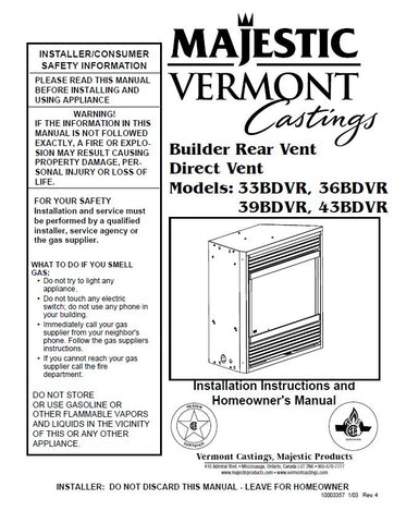 Vermont Castings Majestic DV User Manual - Gas_33BDVR, 36BDVR, 39BDVR, 43BDVR