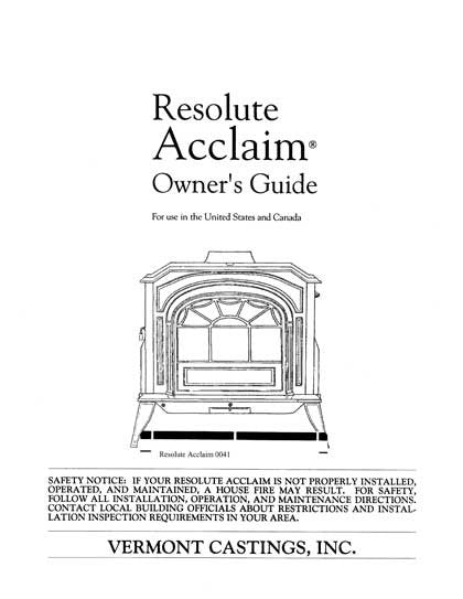 Vermont Castings Resolute Acclaim User Manual – WoodHeatStoves.com